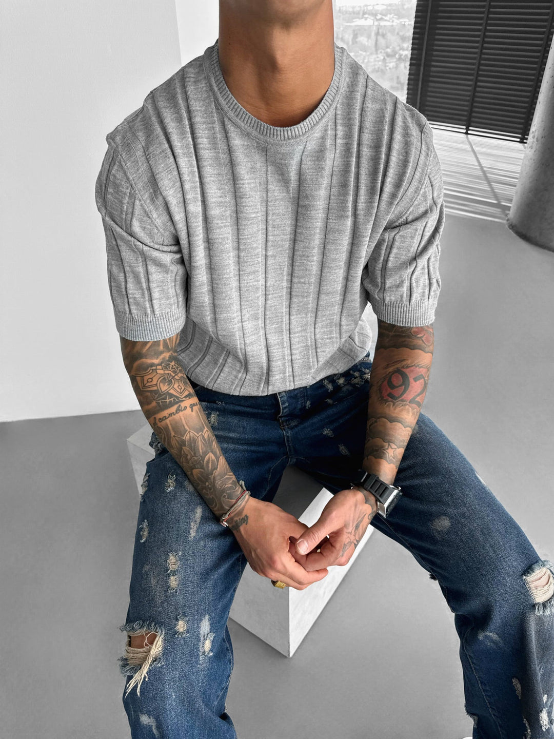 Regular Fit Knit Lines T-shirt - Grå