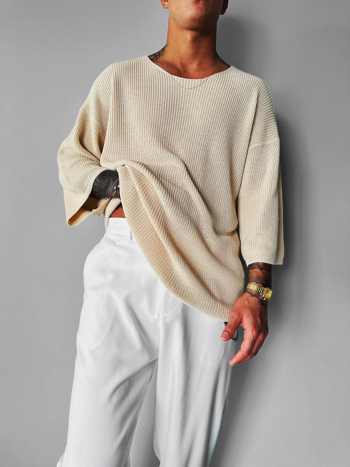 Överdimensionerad Lång Stickad T-Shirt - Beige