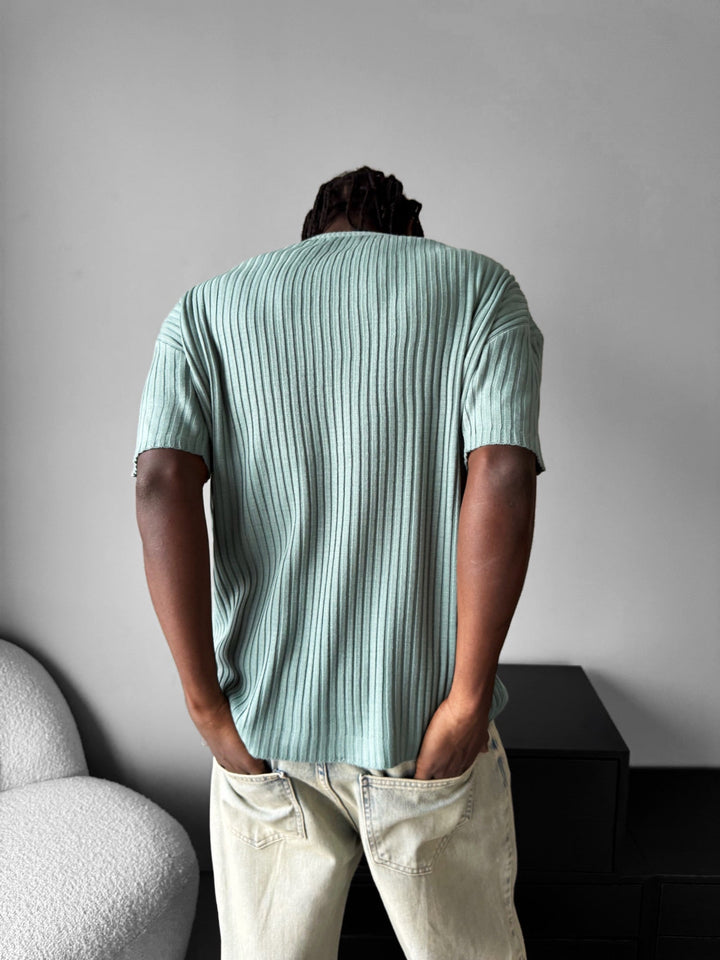 Lös Passform Ribbad Stickad T-Shirt - Mint
