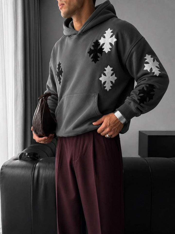 Oversize Gotisk Kors Hoodie - Antracit