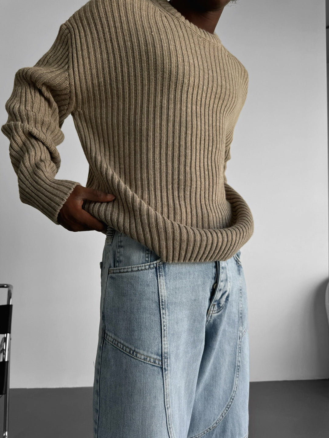 Lös Passform Randig Struktur Pullover - Beige
