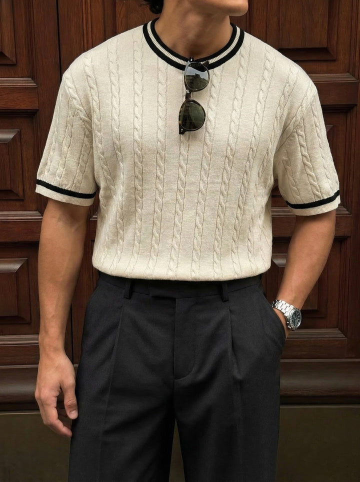 Regular Fit Braid Knit T-shirt - Grädde