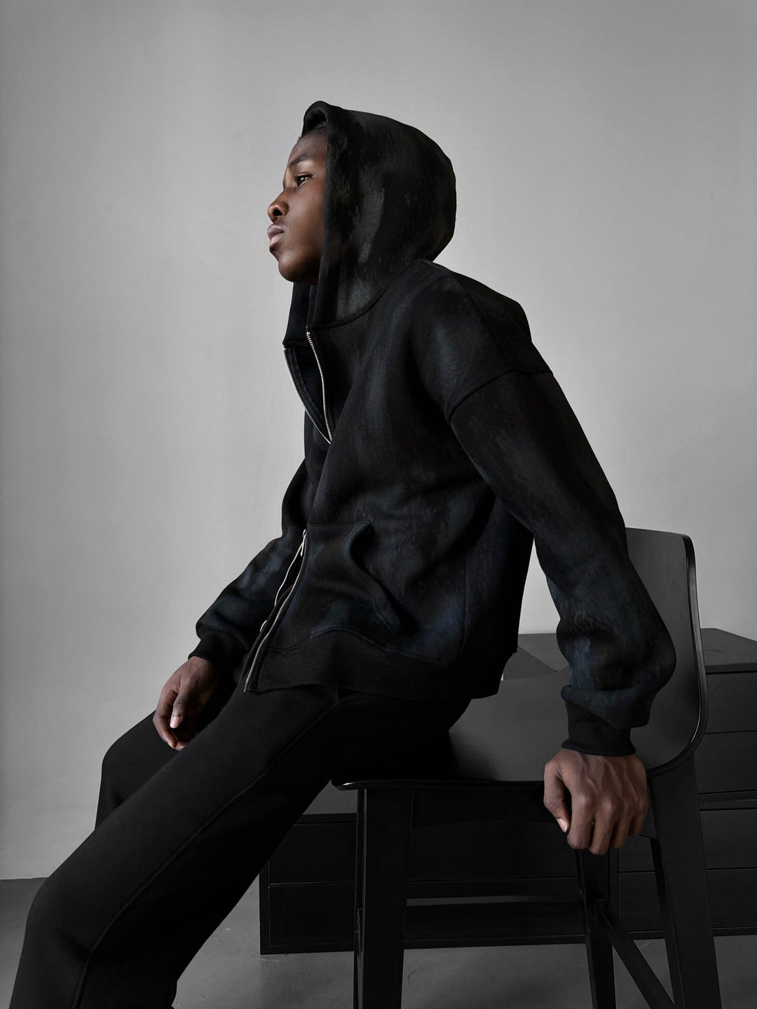 Oversized Effekt Tvättad Dragkedja Hoodie - Svart
