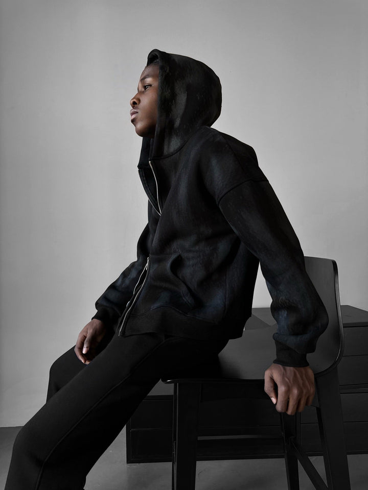 Oversized Effekt Tvättad Dragkedja Hoodie - Svart