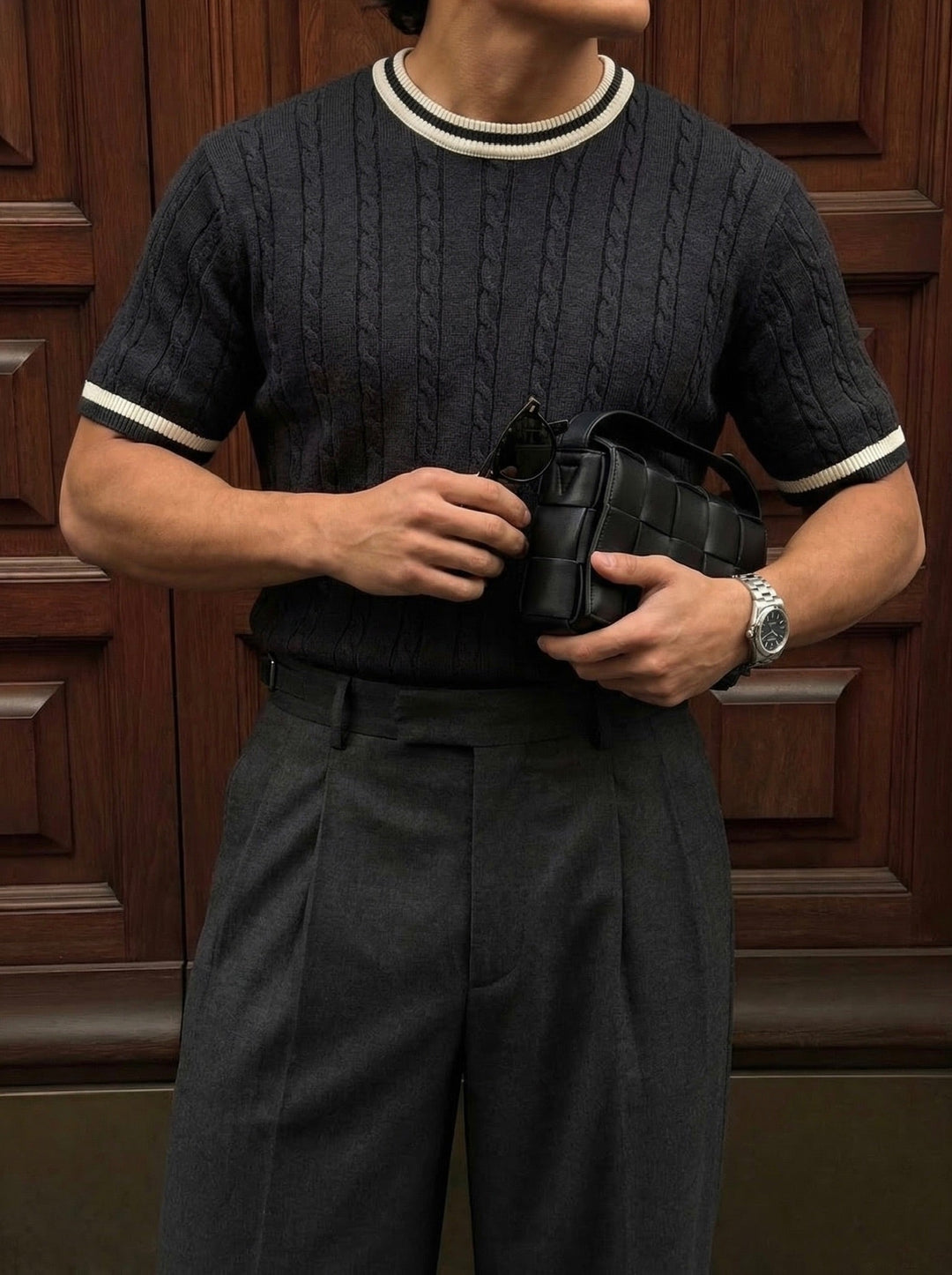 Regular Fit Braid Knit T-shirt - Antracit