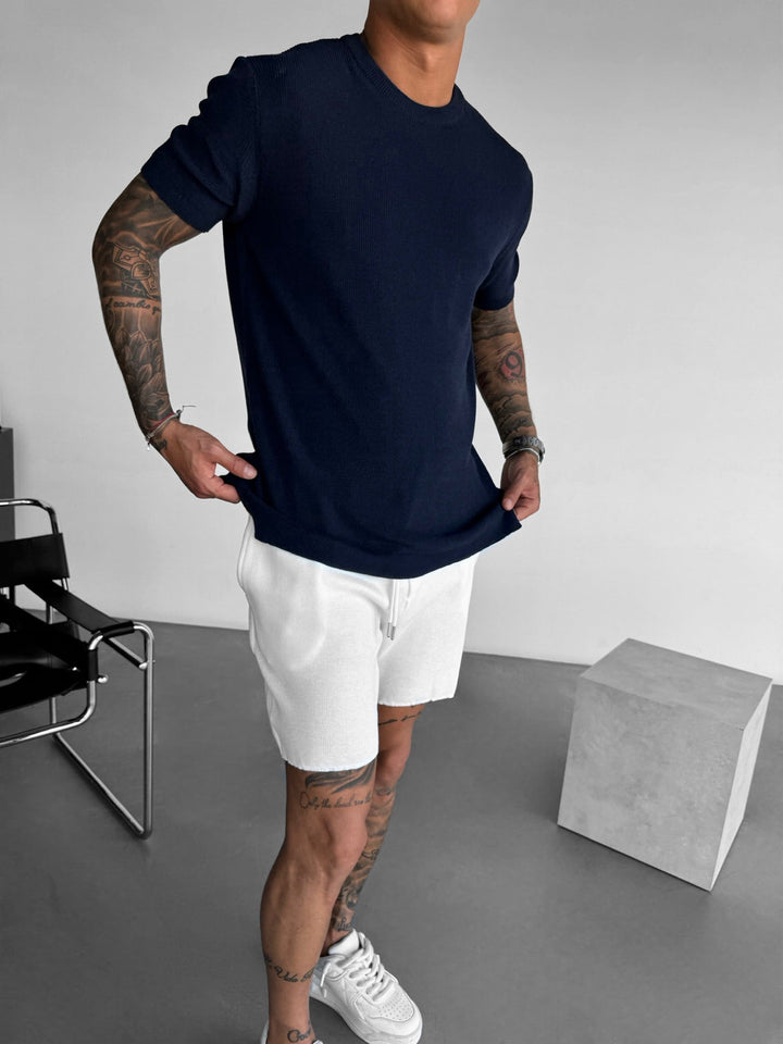 Oversize Stickad T-Shirt - Marinblå