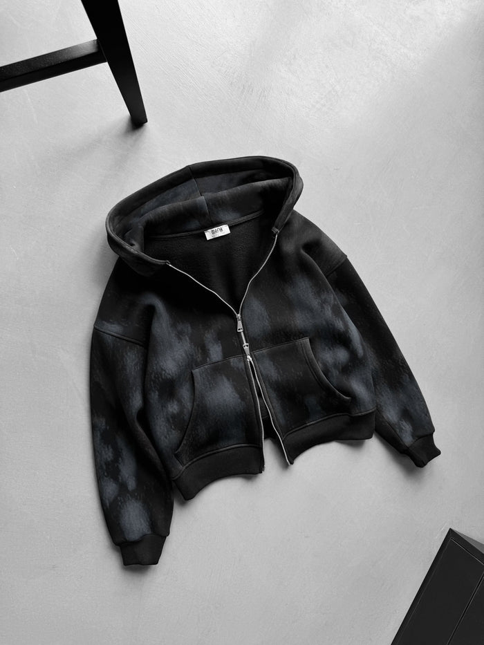Oversized Effekt Tvättad Dragkedja Hoodie - Svart