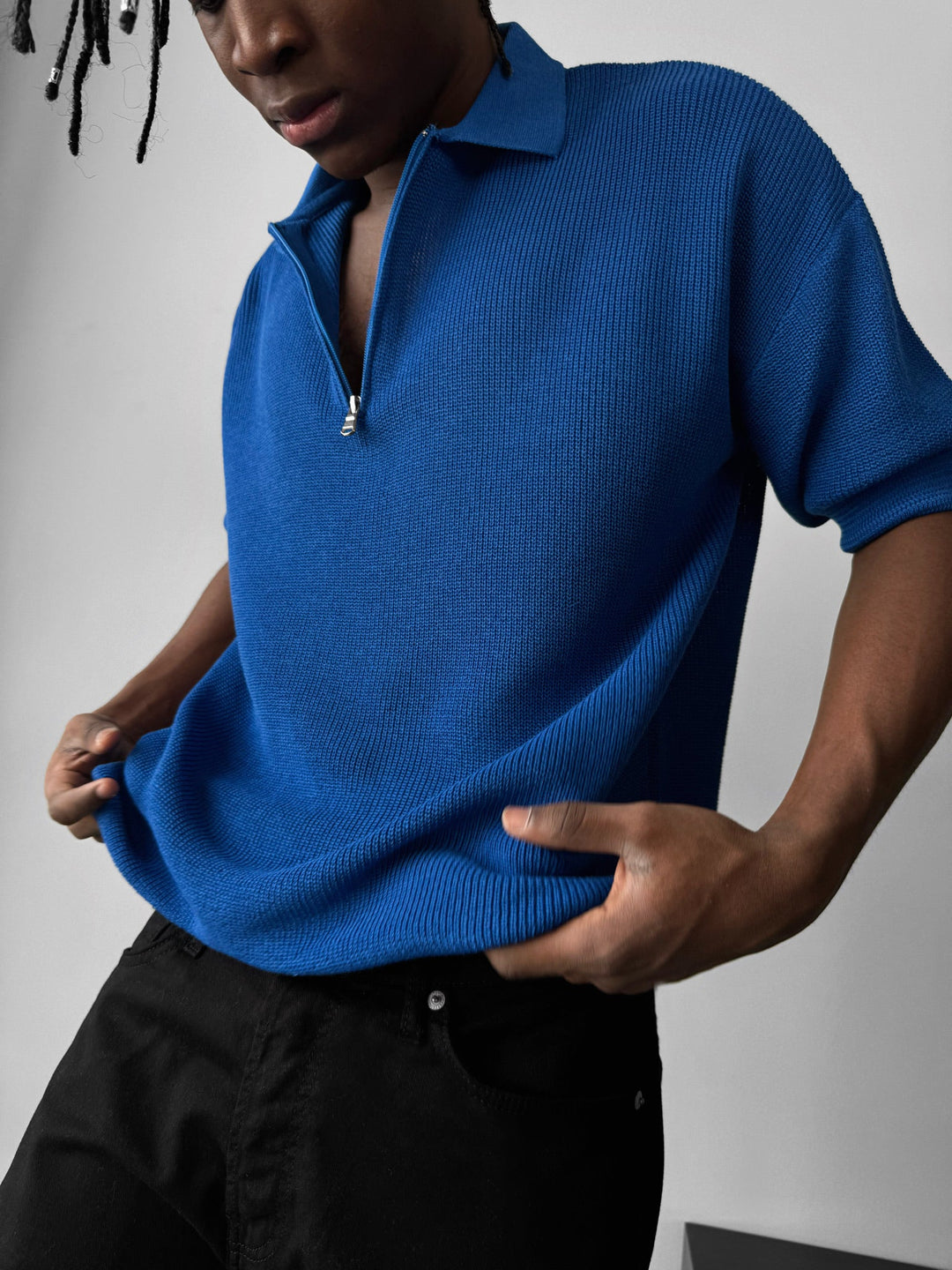 Oversize Dragkedja Stickad Polo T-shirt - Saks