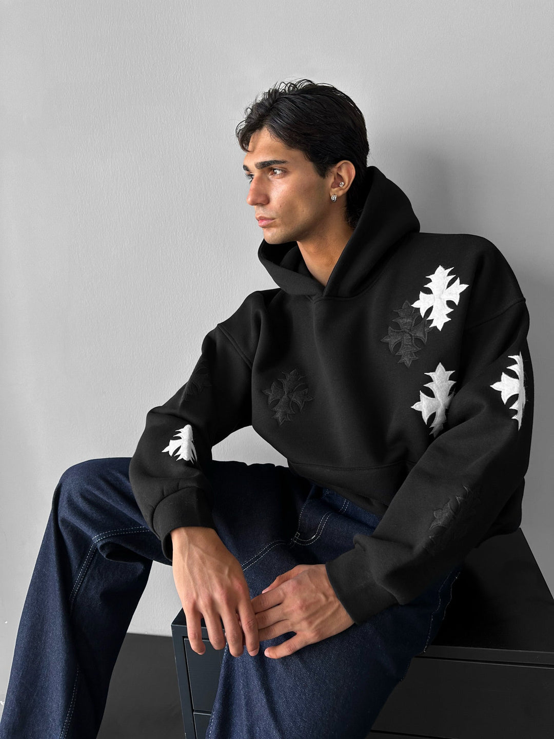 Oversized Gotisk Kors Hoodie - Svart