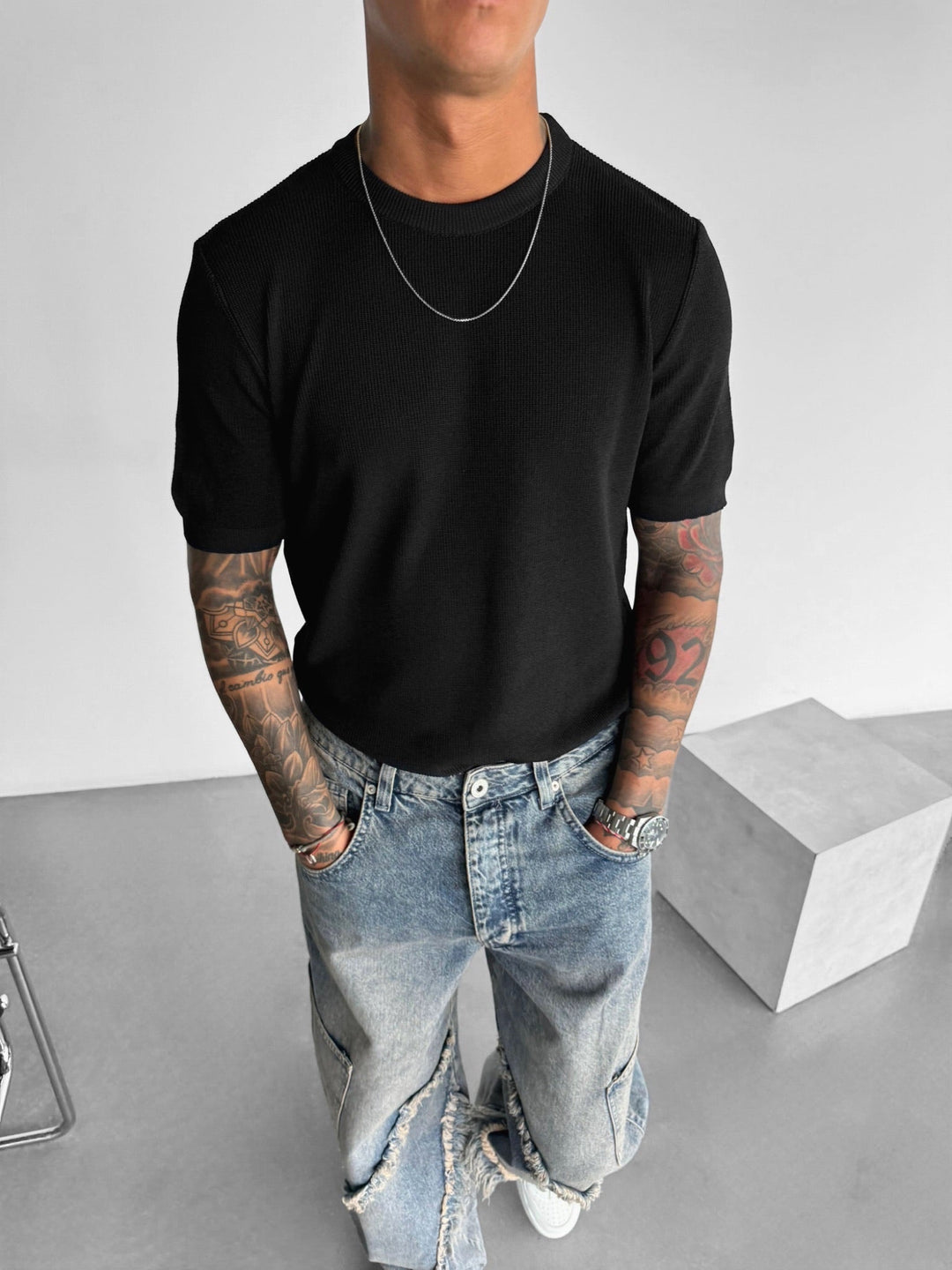 Oversize Stickad T-shirt - Svart