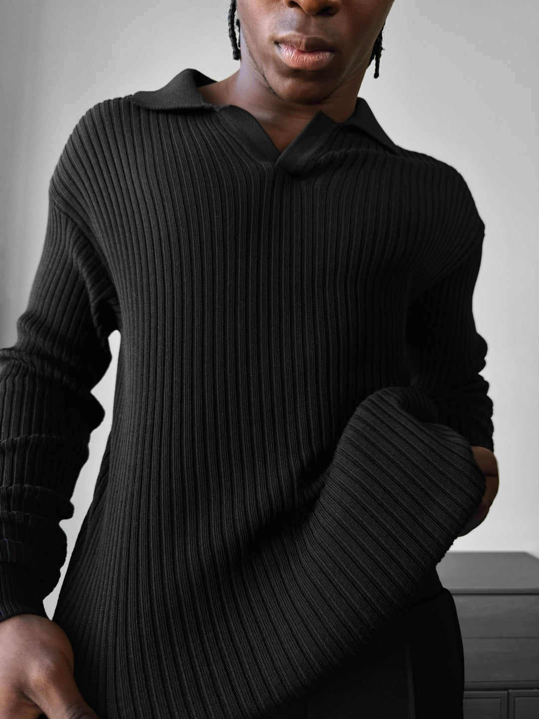 Slim Fit Stickad Polo Tröja - Svart