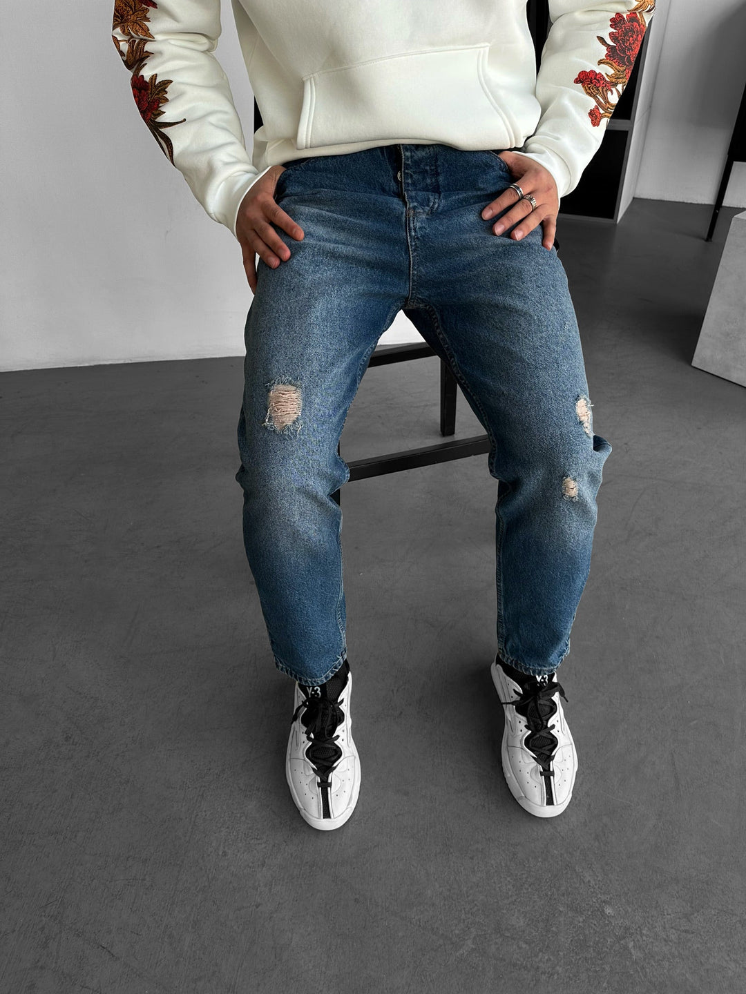 Kille Tvättade Trasiga Jeans - Mörkblå