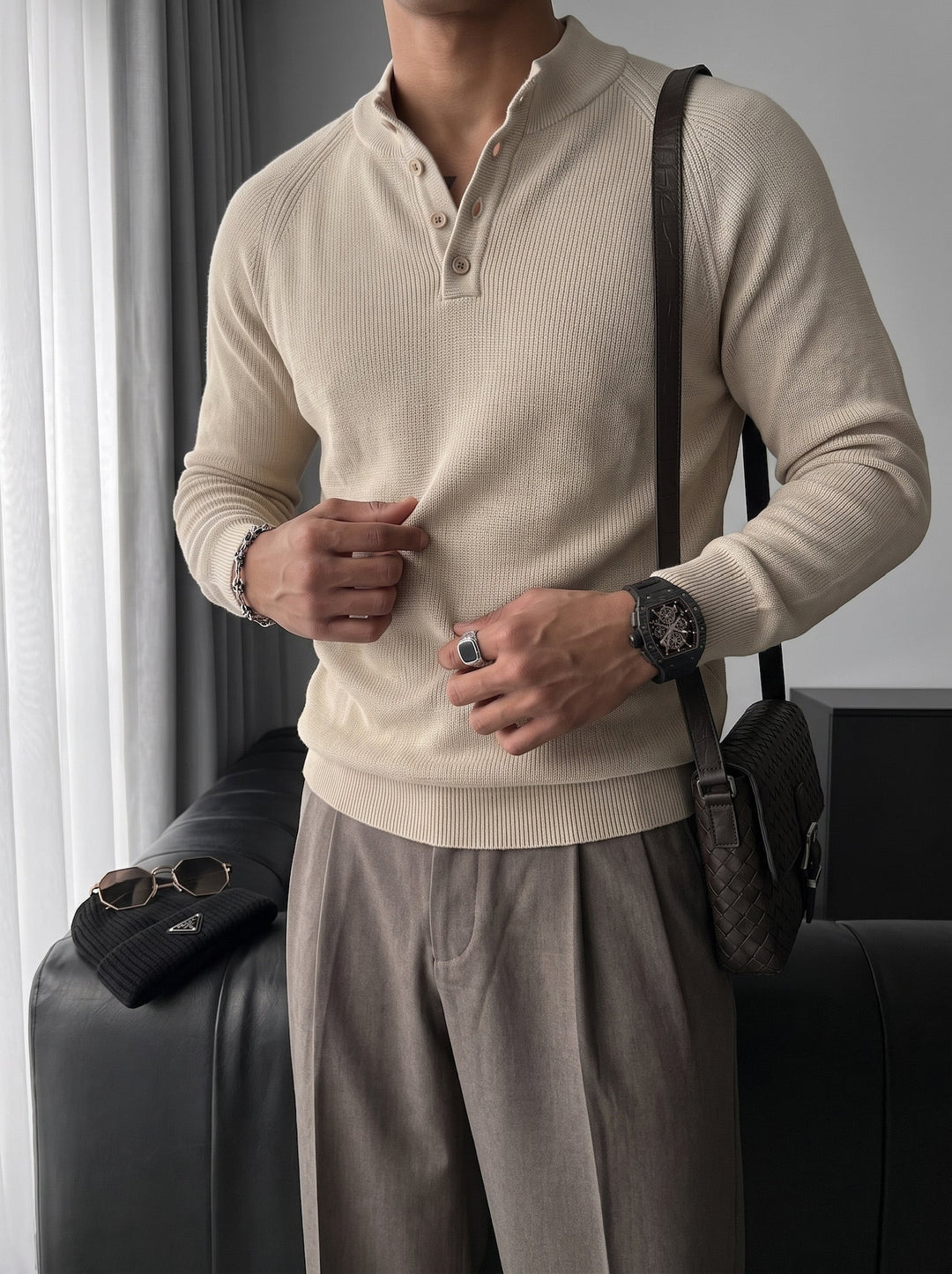 Slim Fit Stickad Tröja - Beige