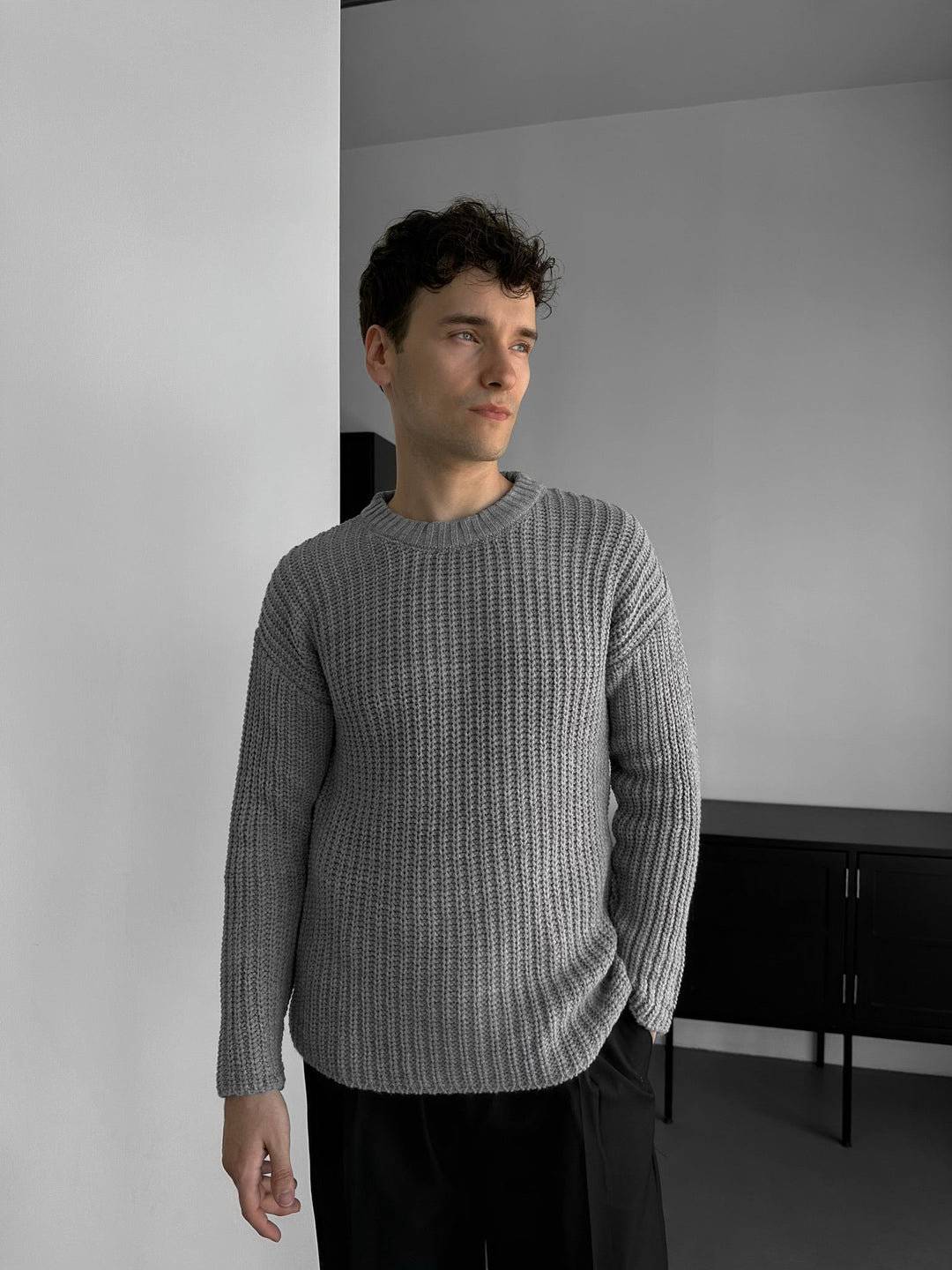 Slim Fit Fläta Stickad Tröja - Grå