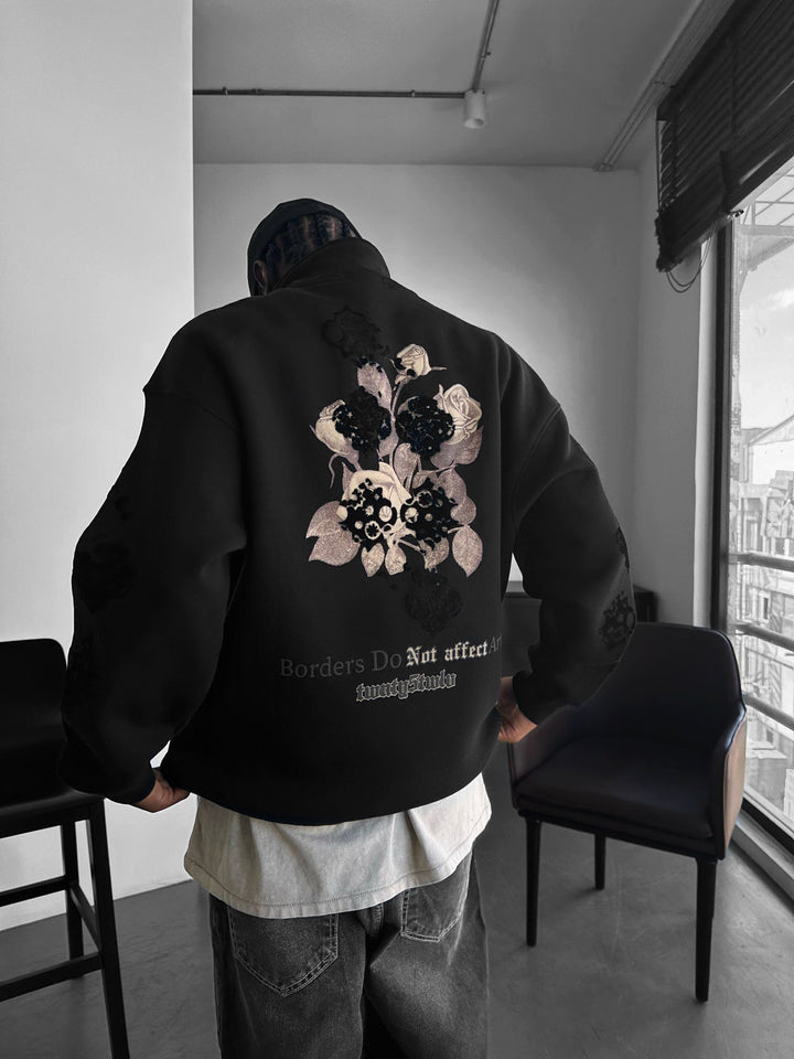 Oversize Halvdraget Grafisk Sweatshirt - Svart