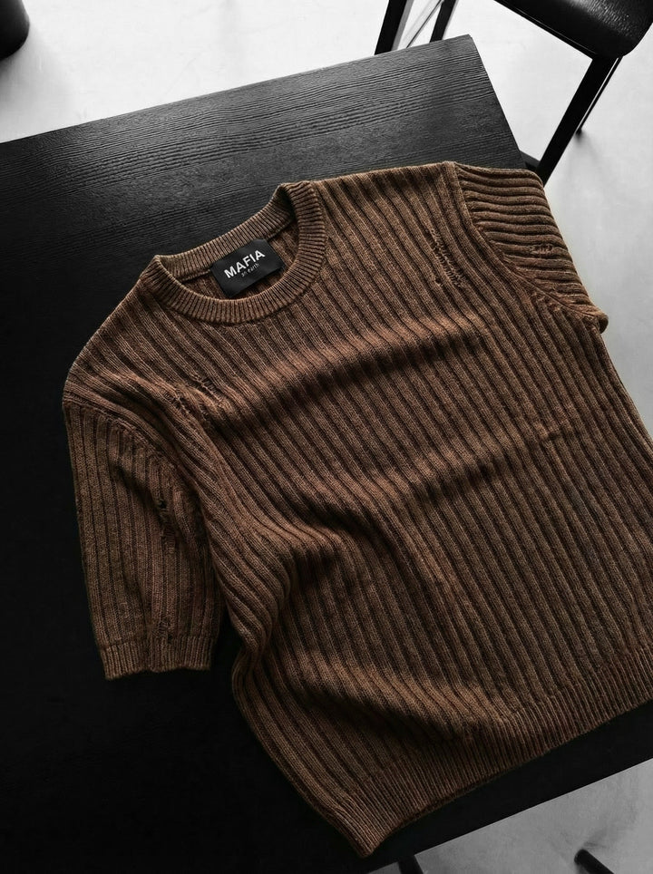 Slim Fit Tvättad Tunn Linjer Stickad T-Shirt - Brun