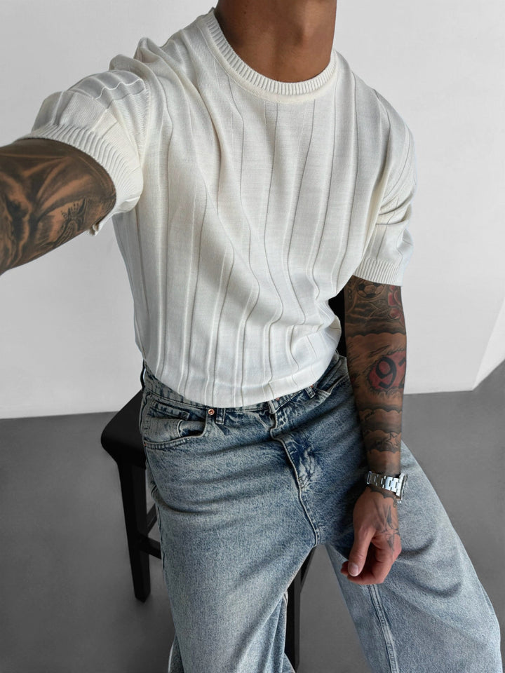 Regular Fit Knit Lines T-shirt - Crème