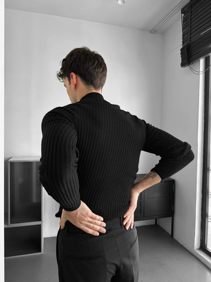 Slim Fit Mock Neck Stickad Tröja - Svart