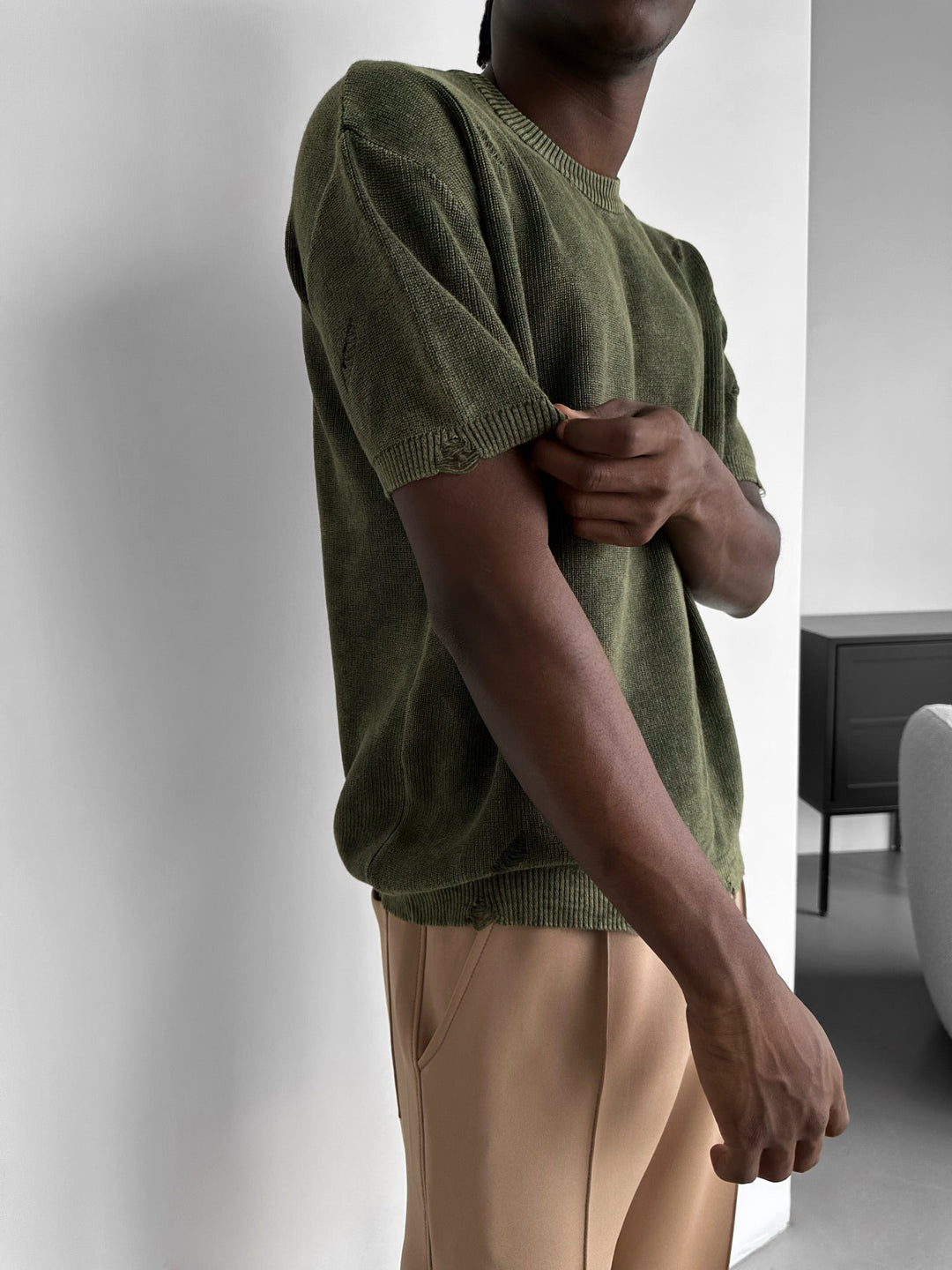 Oversize Stickad Torn T-shirt - Khaki