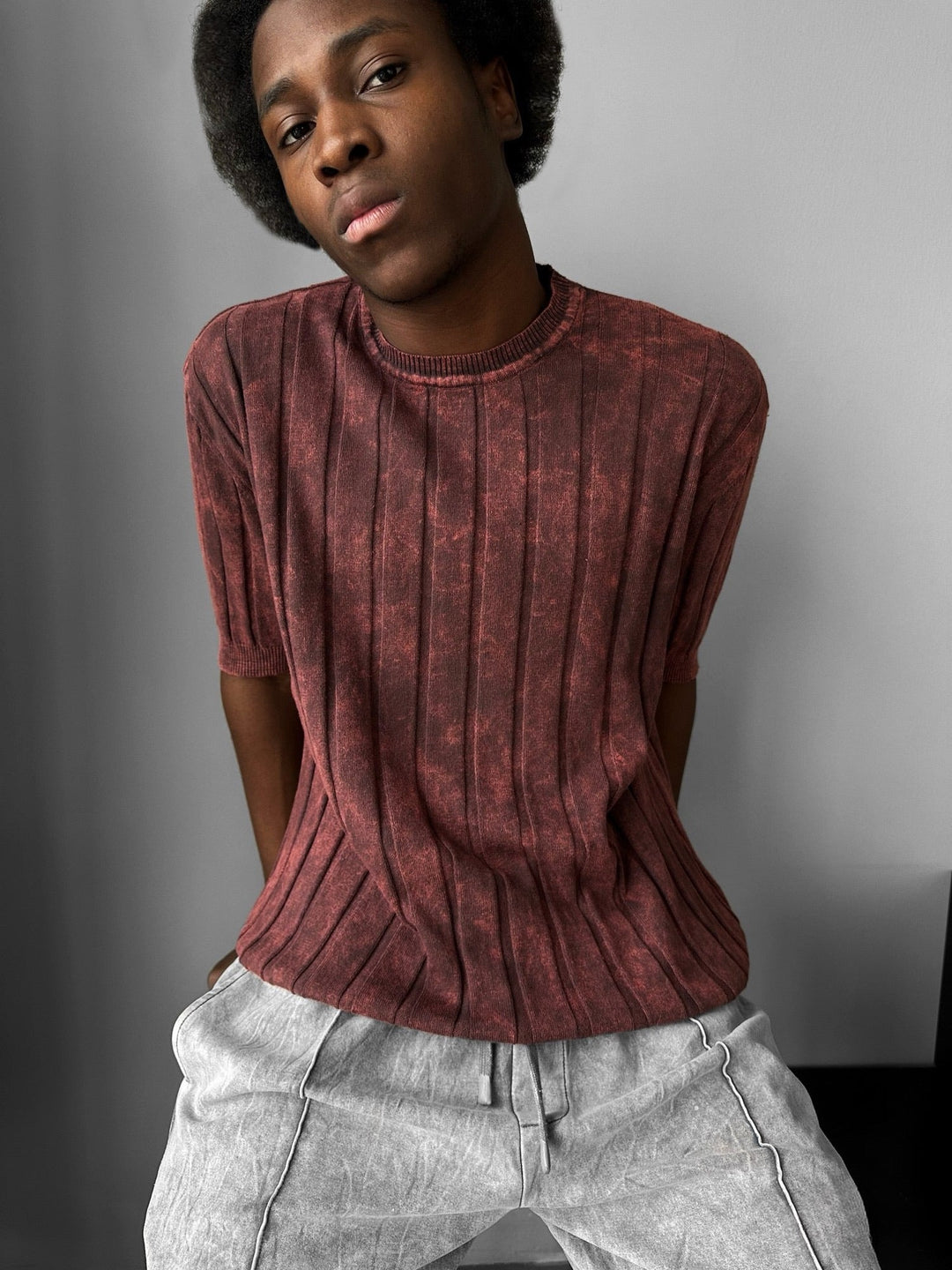 Slim Fit Tvättad Linjer Stickad T-shirt - Bordeaux