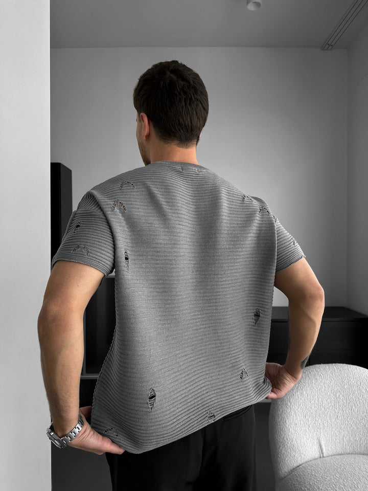 Lös Passform Torn Ribbad Stickad T-Shirt - Grå Melange