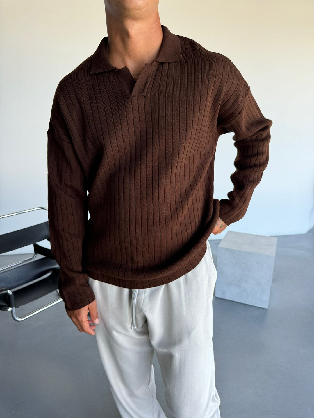 Oversize Bred Ribbade Långärmad Stickad Polo Sweatshirt - Mörkbrun