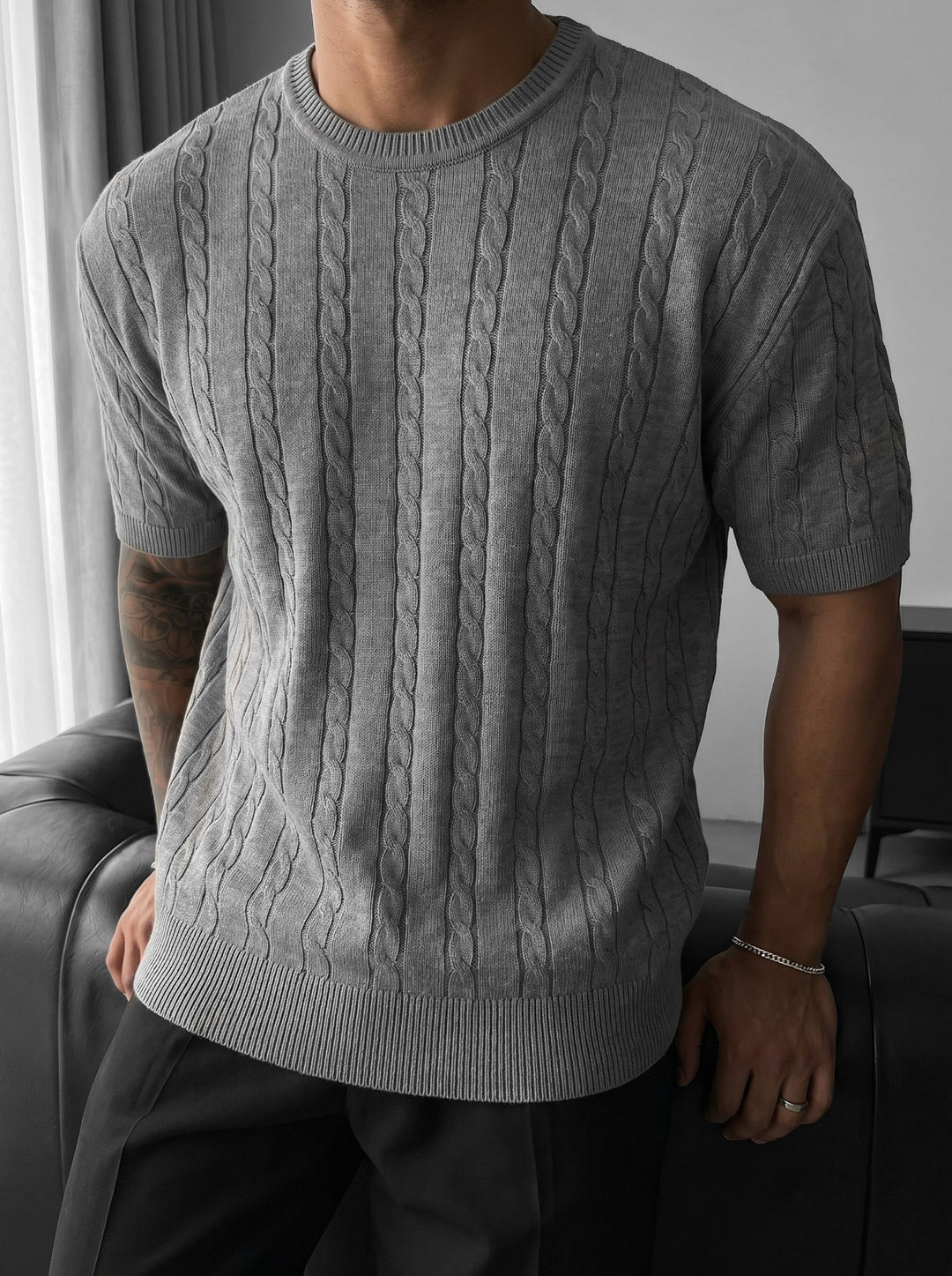 Lös Passform Flätad Stickad T-Shirt - Grå