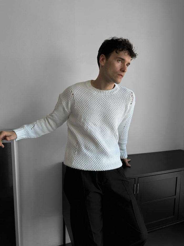 Regular Fit Textured Torn Sweater - Vit