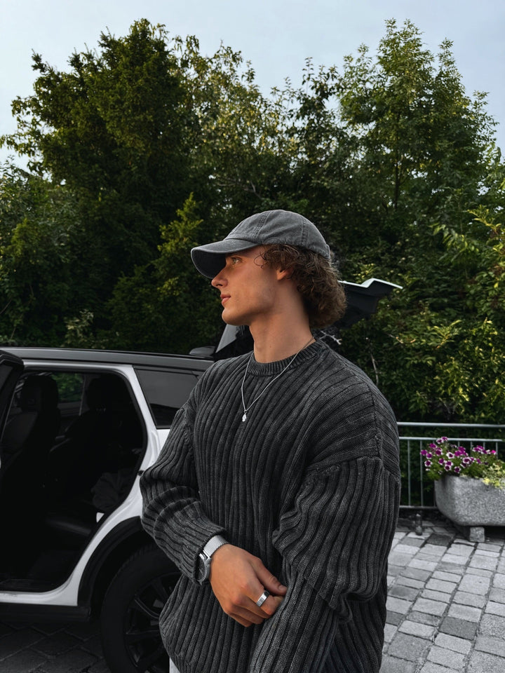 Överdimensionerad Ribbad Tvättad Tröja - Svart