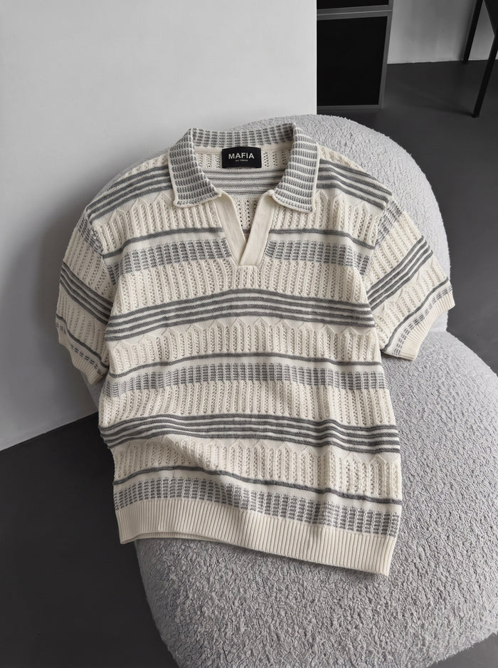 Lös Passform Mönstrad krage stickad T-Shirt - Ecru