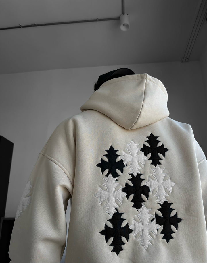 Oversize Gotisk Kors Hoodie - Beige