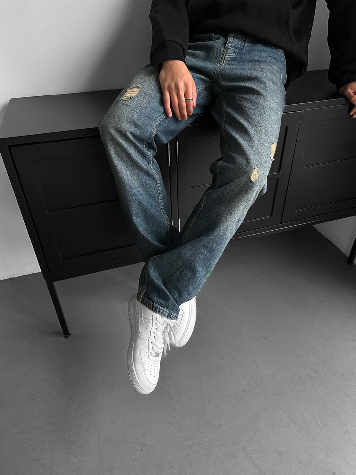 Baggy Torn Tvättade Jeans - Mörkblå