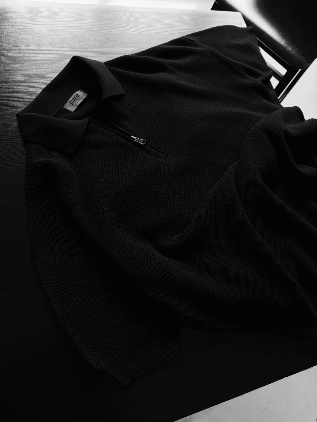 Oversize Dragkedja Stickad Polo T-shirt - Svart