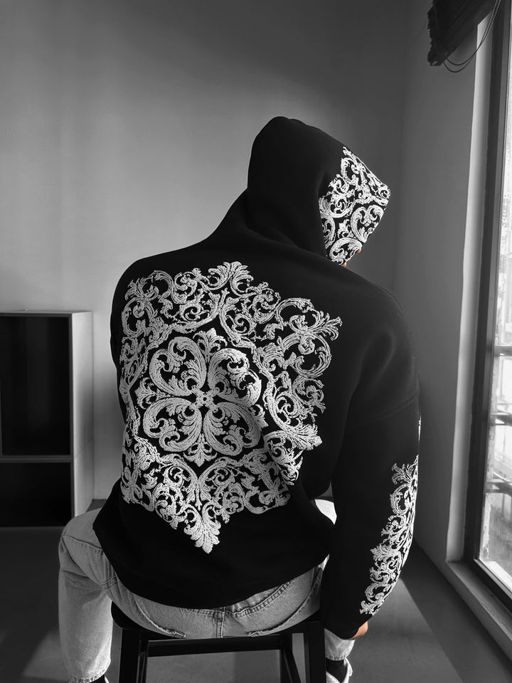 Oversize Matta Mönster Hoodie - Svart och Vit