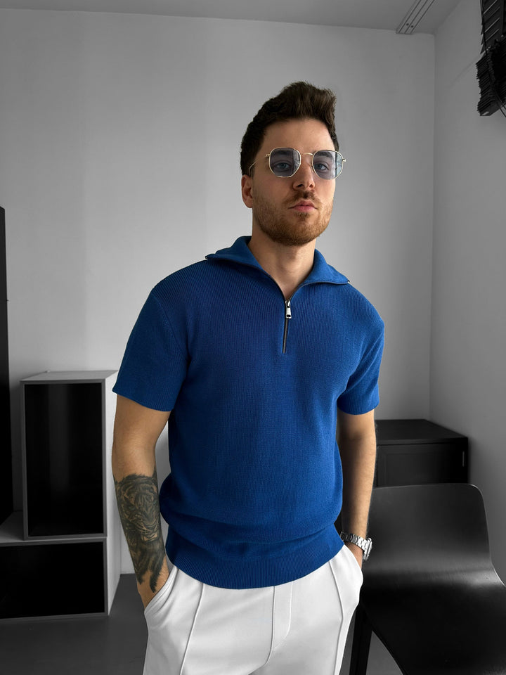Oversized Zip Neck Stickad T-shirt - Sax