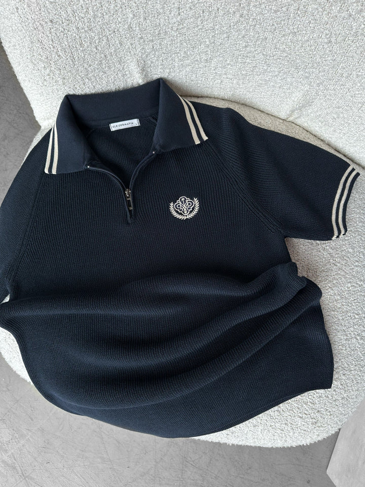 Slim Fit Halv-Zip Broderad Polo T-shirt - Marinblå
