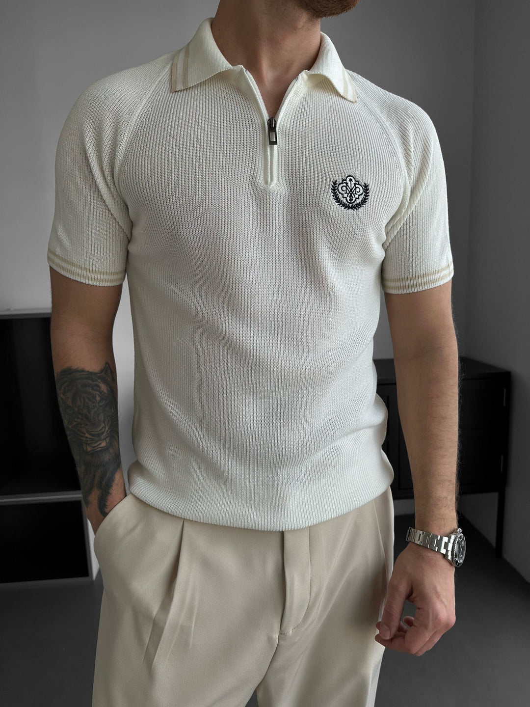 Slim Fit Halv-Zip Broderad Polo T-shirt - Ecru