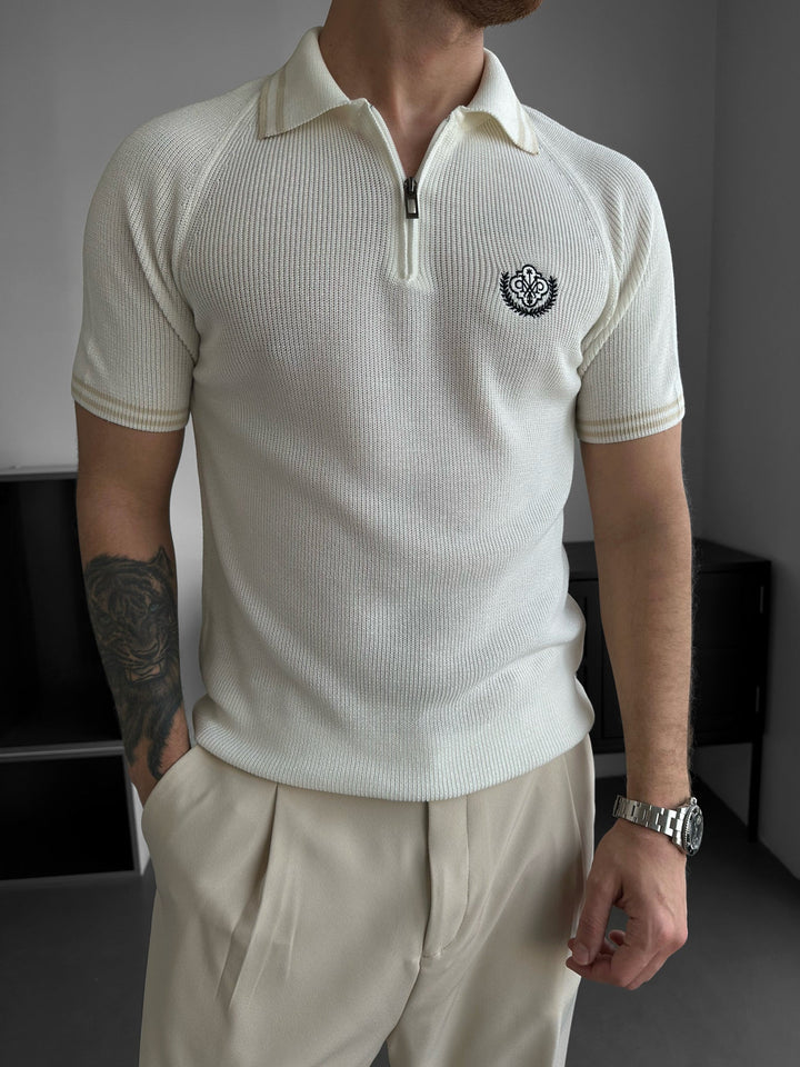 Slim Fit Halv-Zip Broderad Polo T-shirt - Ecru