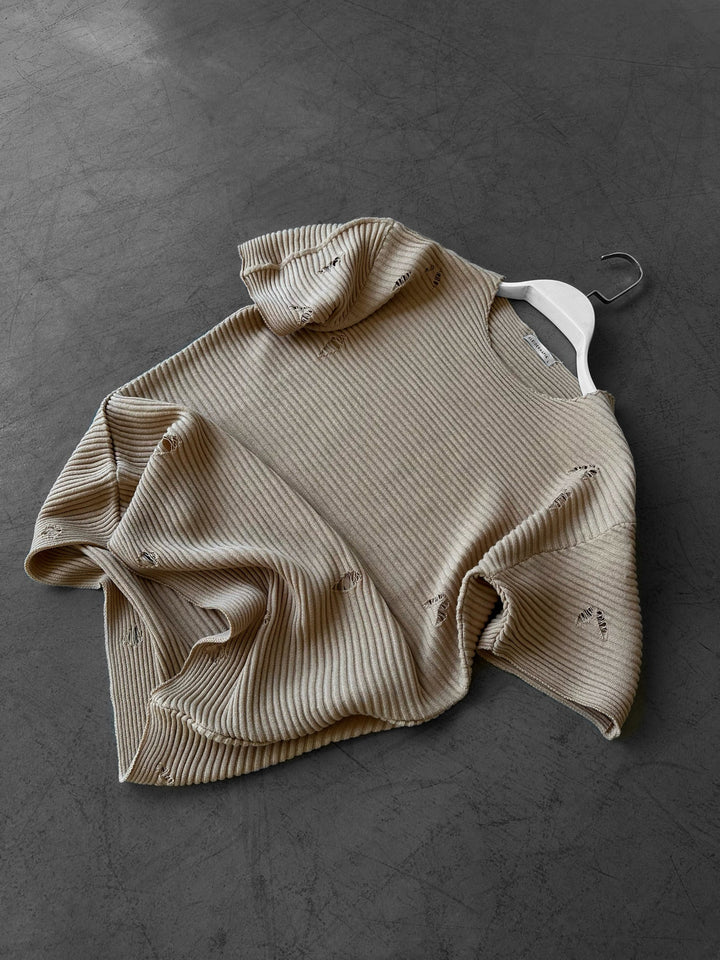 Lös Passform Trasig Stickad T-Shirt - Beige