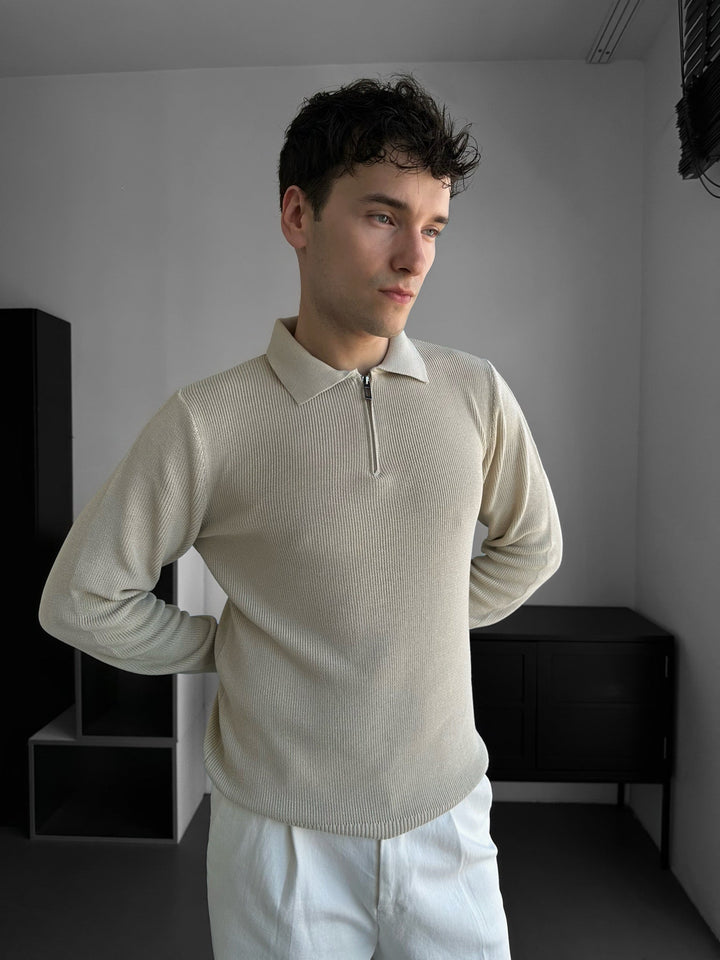 Lös Passform Polo Stickad Tröja - Beige