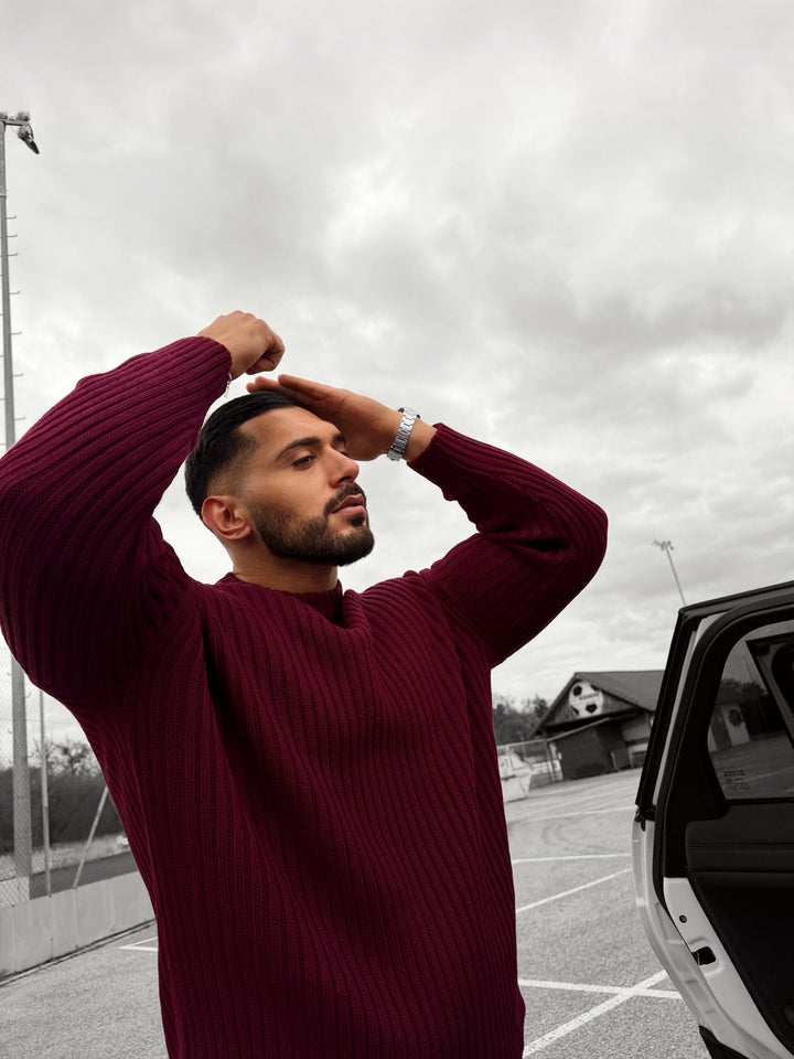Lös Passform Randig Struktur Pullover - Bordeaux