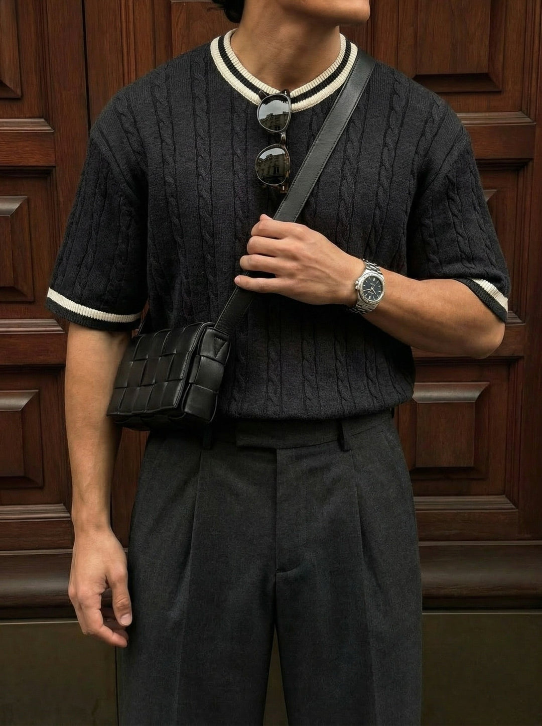 Regular Fit Braid Knit T-shirt - Antracit