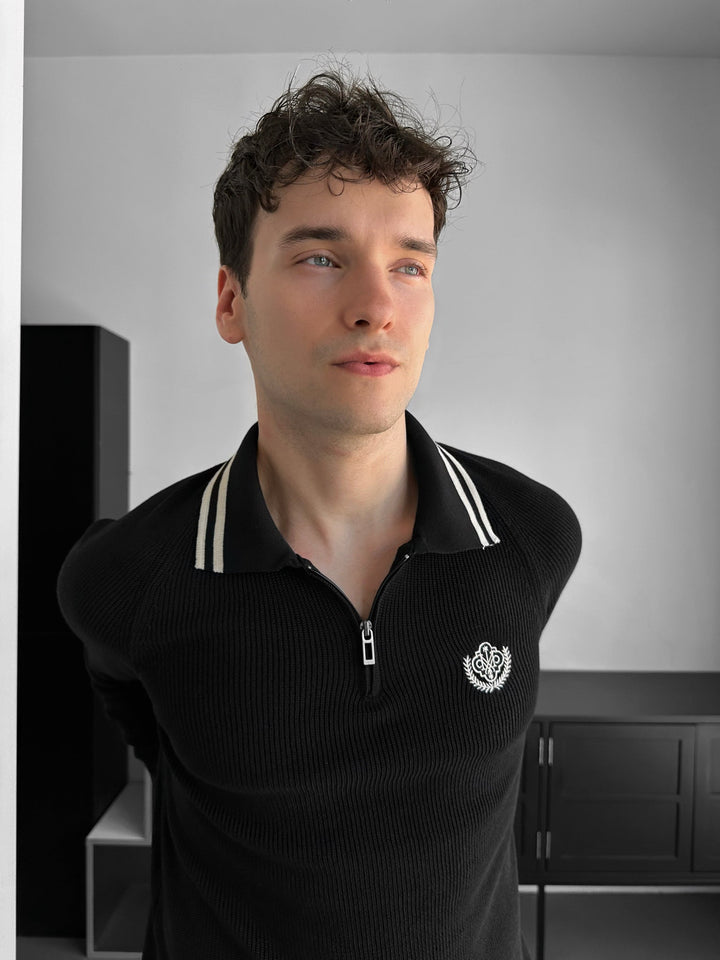Slim Fit Halvdragning Broderad Polo Tröja - Svart