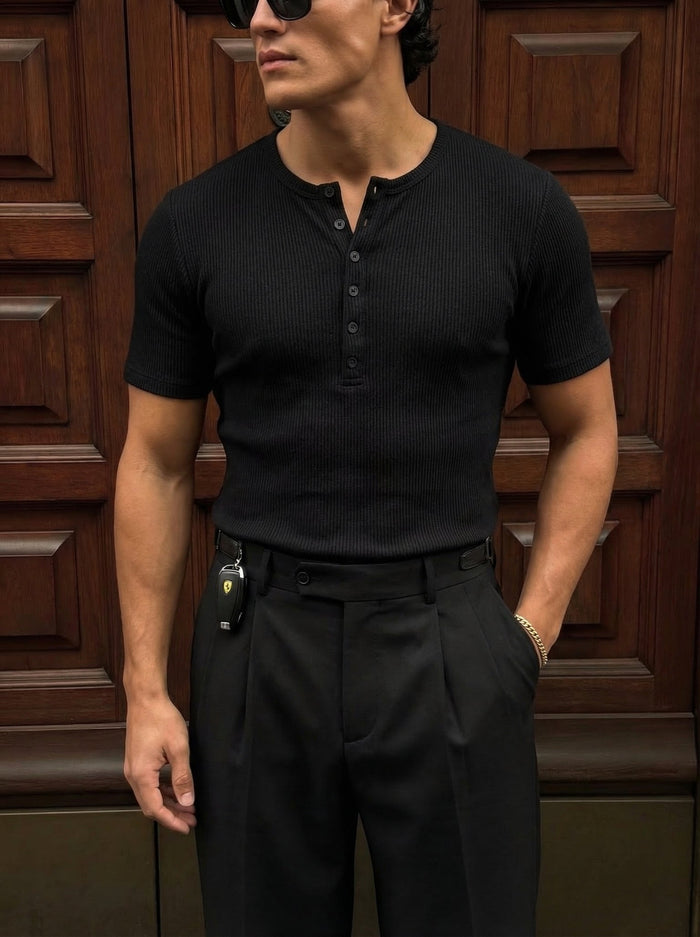 Slim Fit Button T-shirt - Svart