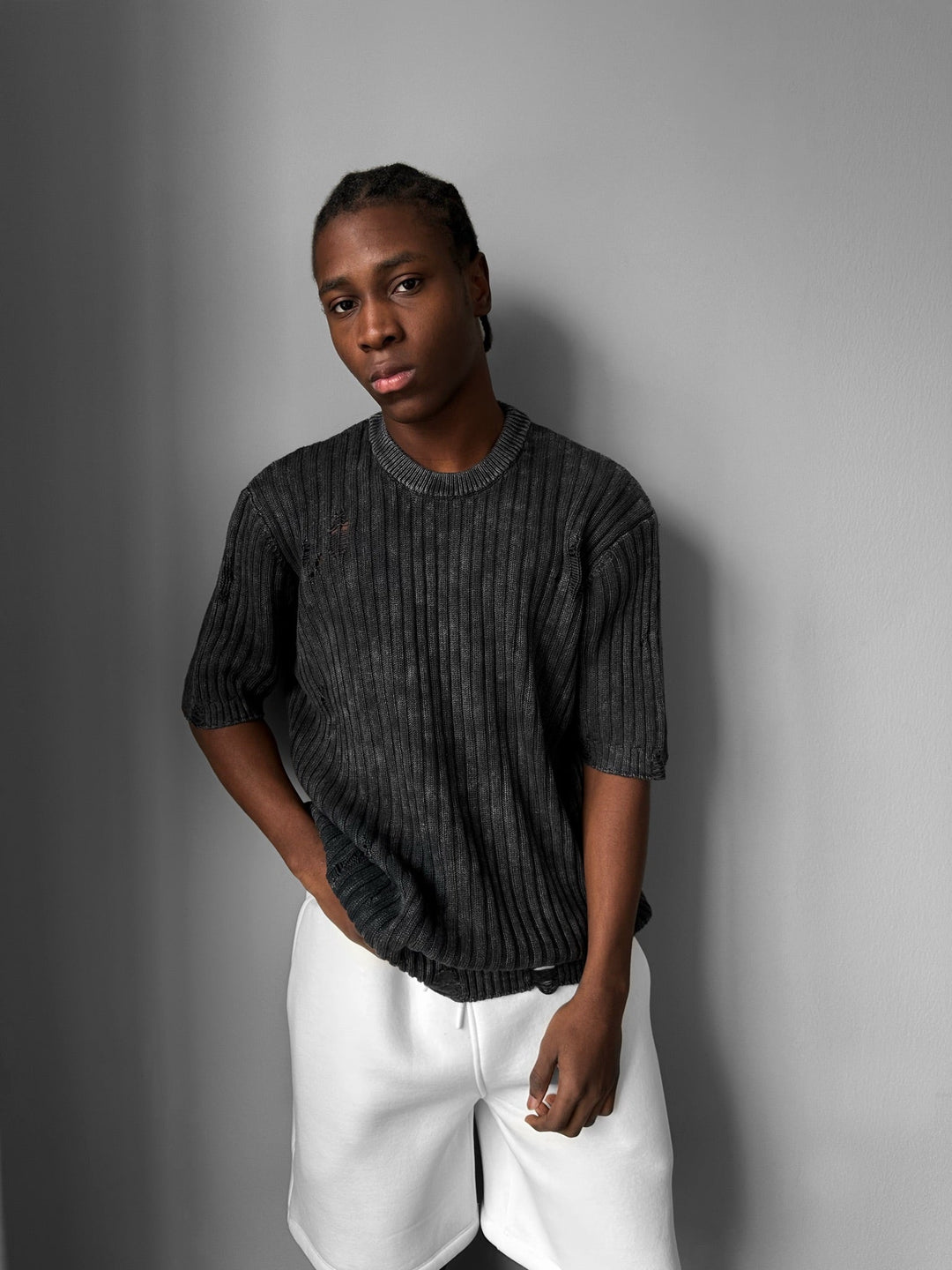 Oversize Torn Tvättad Stickad T-shirt - Svart