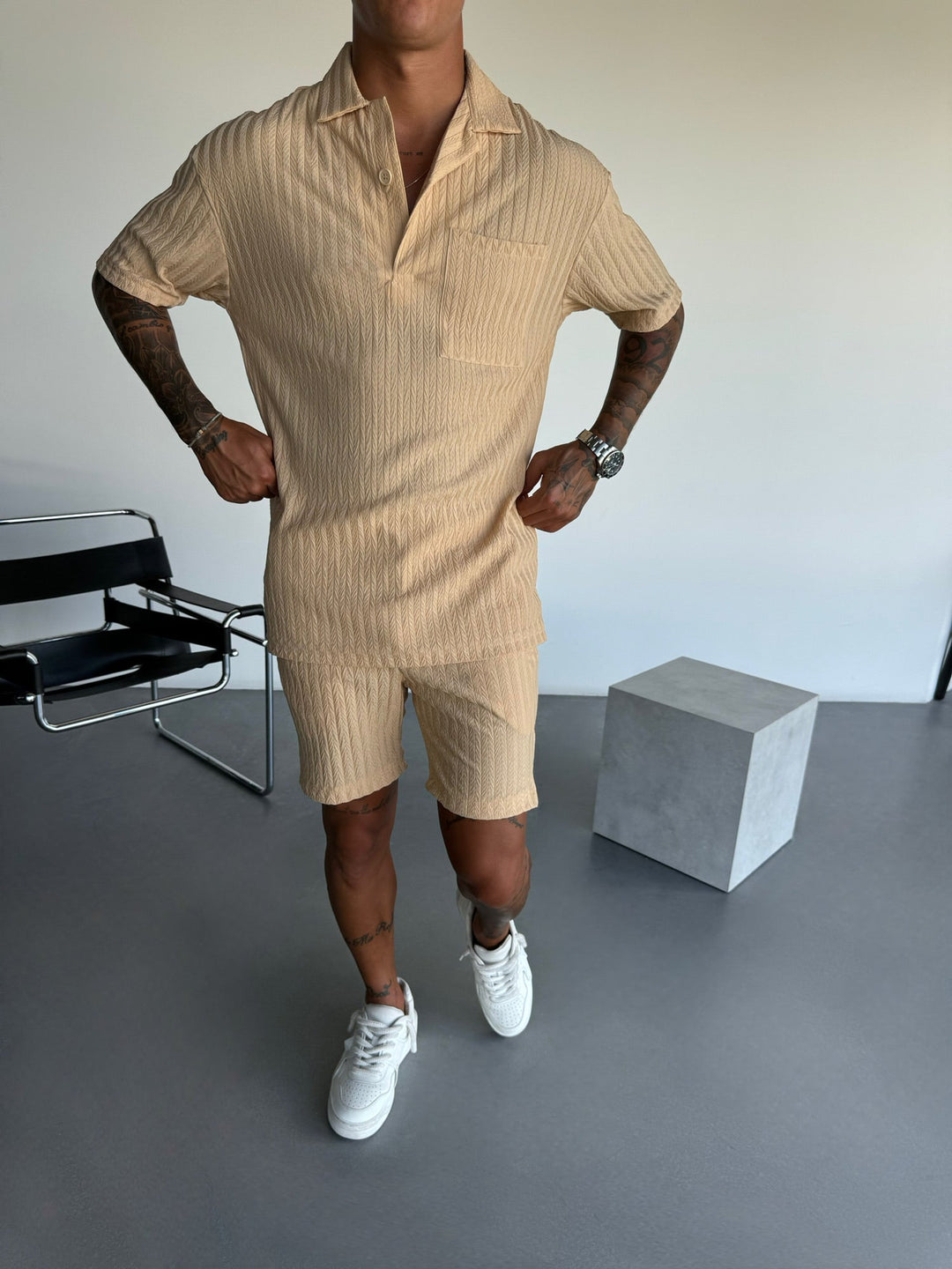 Överdimensionerad Strukturerad Polo T-Shirt - Almond Buff