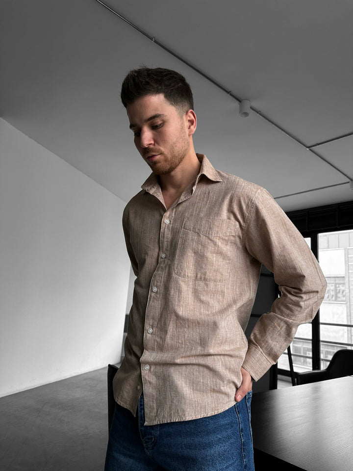 Regular Fit Bomull Pocket Skjorta - Brun