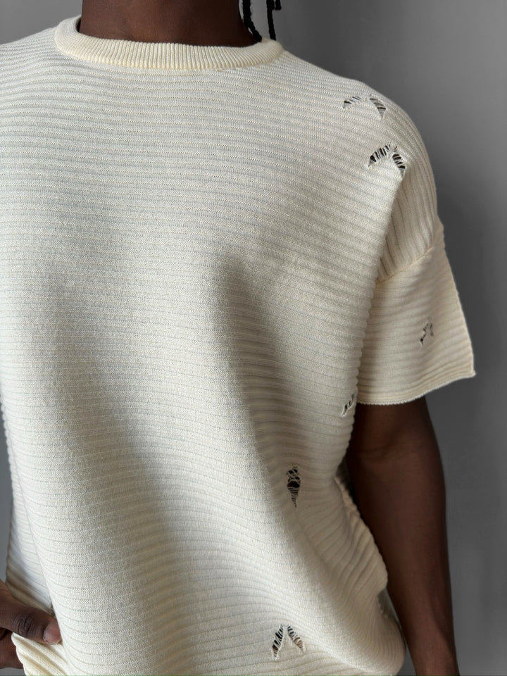 Lös passform trasig ribbad T-shirt - Cremé