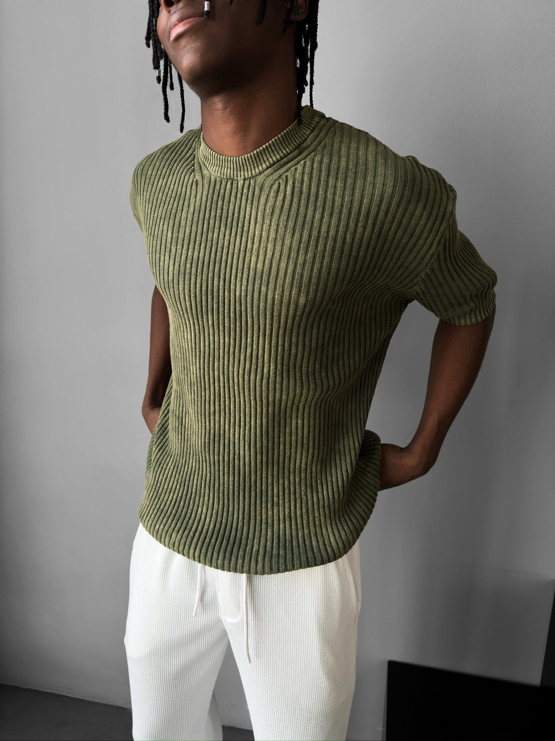 Slim Fit Tvättad Tunn Linjer Stickad T-Shirt - Khaki