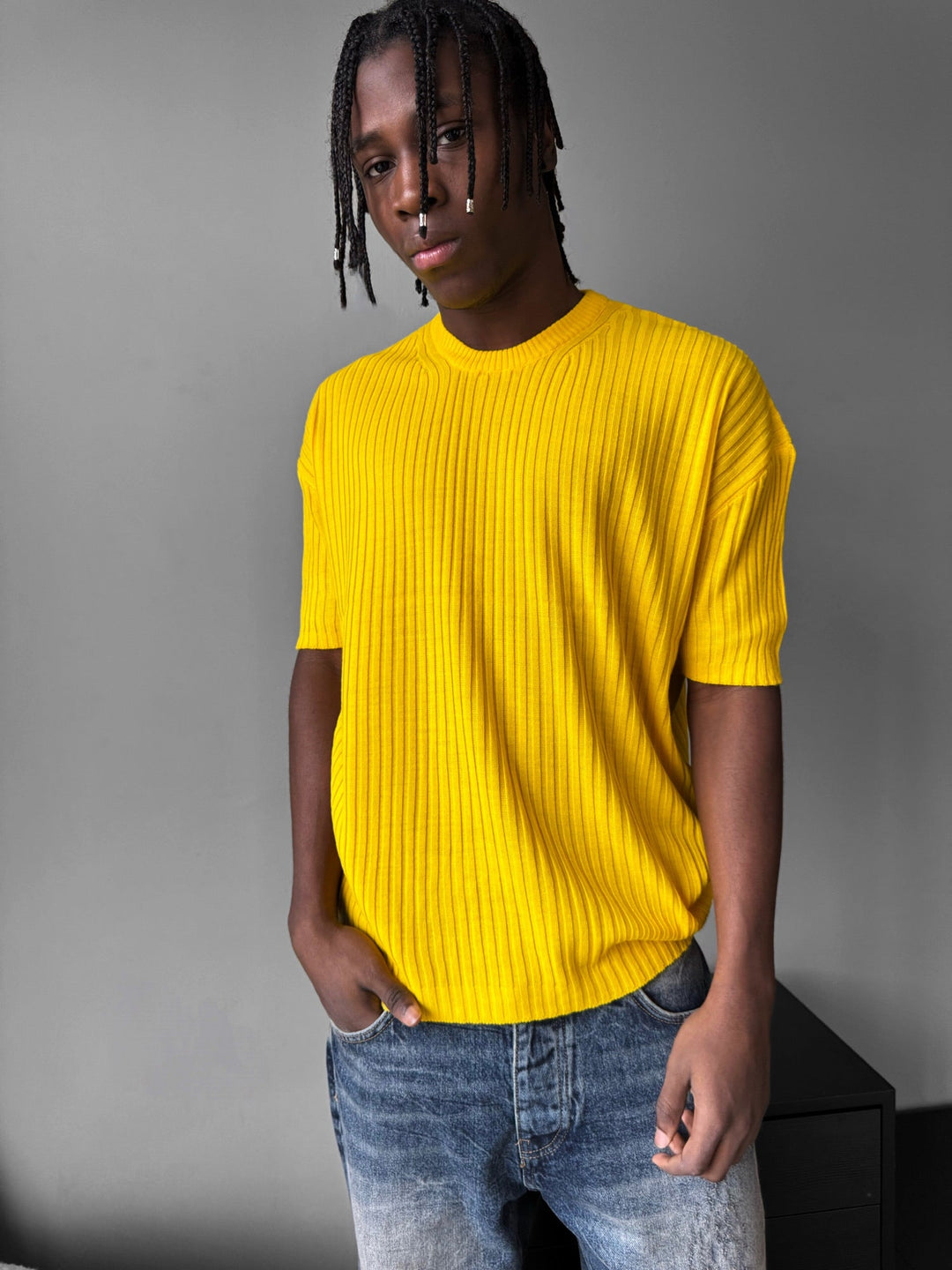 Lös Passform Ribbad Stickad T-Shirt - Gul